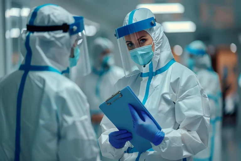 Healthcare workers in protective gear coordinating in a hospital